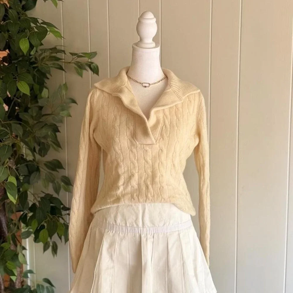 Evelyn Grace Cashmere Cable Knit V-Neck Sweater Cream Women's Size Medium